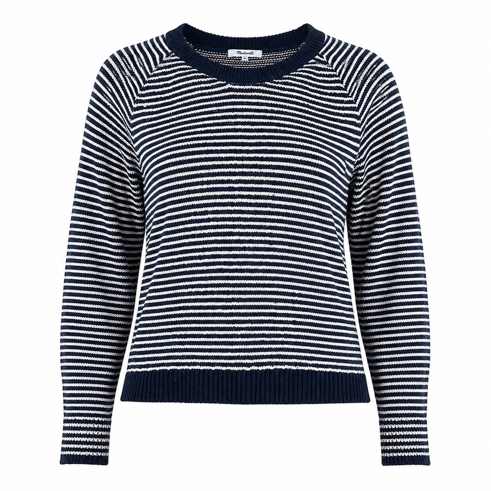 Madewell Womens Sweater Cotton Navy Blue White Striped Crewneck Raglan Pullover